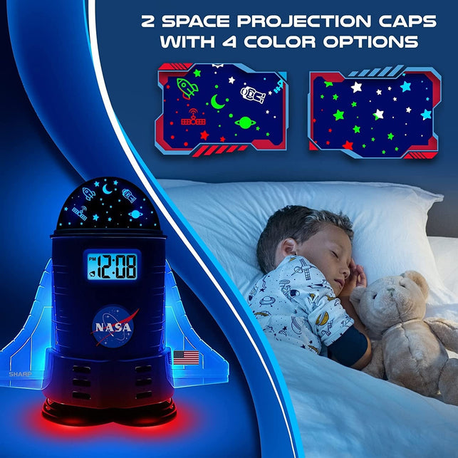 SHARP NASA Space Shuttle Night Light Alarm Clock – Wings and Booster Lights up – Space Design Nightlight Fun with 4 Color Options and 2 Space Themes for Bedroom, Great Gift!