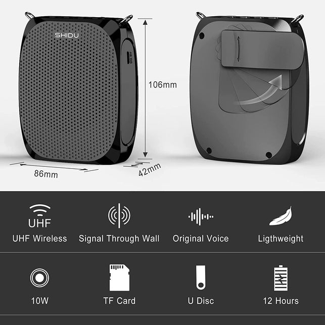 SHIDU Voice Amplifier for Teachers, Mini Voice Amplifier with UHF Wireless Microphone Headset, 10W Output 1800Mah Personal Portable Speaker Suitable for Coaches,Tour Guides, Promotions, Outdoors