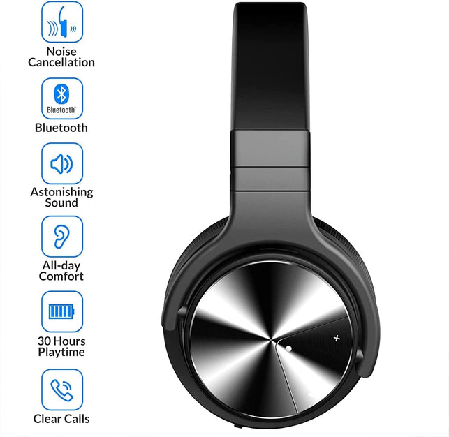 Silensys E7 PRO Active Noise Cancelling Headphones Bluetooth Headphones with Microphone Deep Bass Wireless Headphones over Ear, Comfortable Fit, 30H Playtime for Tv/Computer/Cellphone, Black