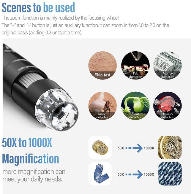 Skybasic Wireless Digital Microscope 50X-1000X Magnification WiFi Portable Handheld Microscopes with Adjustable Stand HD USB