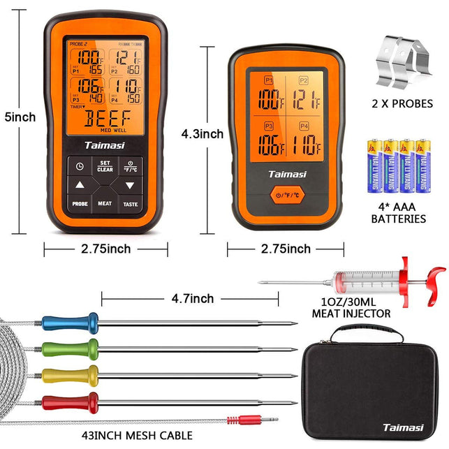 TAIMASI Wireless Digital Meat Thermometer with 4 Probes & Meat Injector, Upgraded 500FT Remote Range Cooking Food Thermometer for Grilling & BBQ & Oven & Kitchen