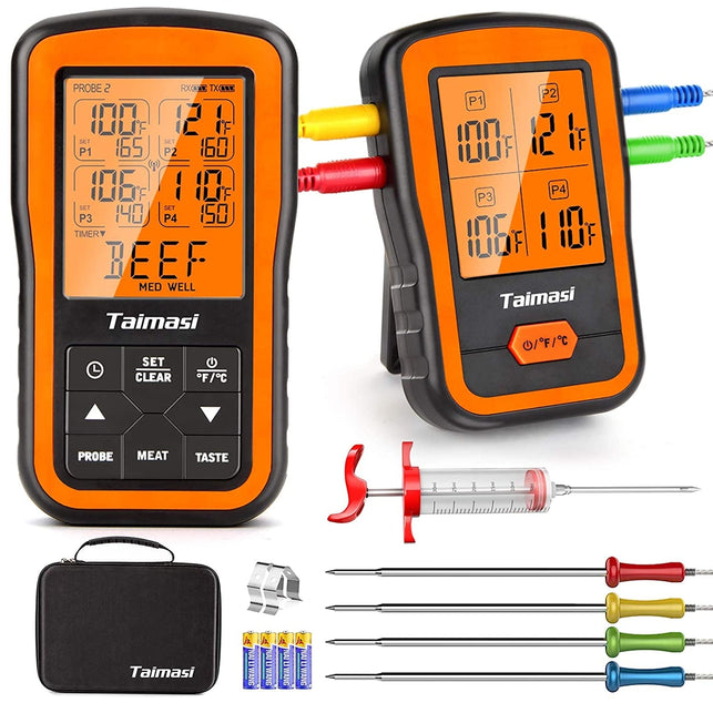 TAIMASI Wireless Digital Meat Thermometer with 4 Probes & Meat Injector, Upgraded 500FT Remote Range Cooking Food Thermometer for Grilling & BBQ & Oven & Kitchen