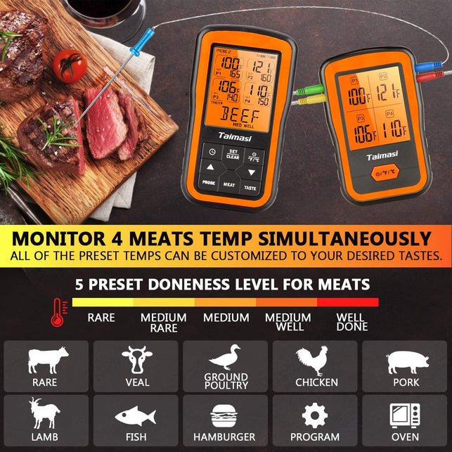 TAIMASI Wireless Digital Meat Thermometer with 4 Probes & Meat Injector, Upgraded 500FT Remote Range Cooking Food Thermometer for Grilling & BBQ & Oven & Kitchen