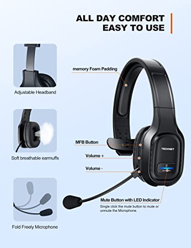 TECKNET Trucker Bluetooth Headset with Microphone Noise Canceling Wireless On Ear Headphones, Hands Free Wireless Headset for Cell Phone Computer Office Home Call Center Skype (Black)