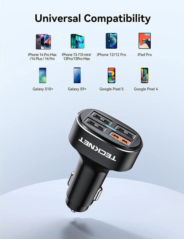 TECKNET USB Car Charger 54W 4-Port USB Car Charger Adapter QC 3.0 Port Compatible with Iphone 14 Pro Max/14 Plus/Iphone 13 12 11 Pro Max X XR XS 8 Samsung Galaxy Note 20/10 S21/20/10 Google Pixel