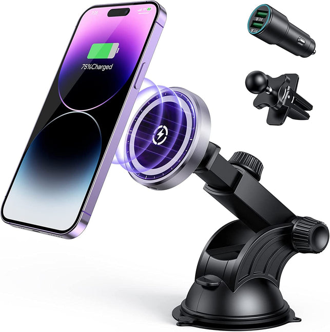 Tikeco Magnetic Wireless Car Charger, 15W Auto-Lock for Magsafe Car Charger Air Vent Dashboard Windshield Charging Car Mount for Iphone 14/13/12 Series and Magsafe/Magnetic Cases (With QC 3.0 Car Charger)