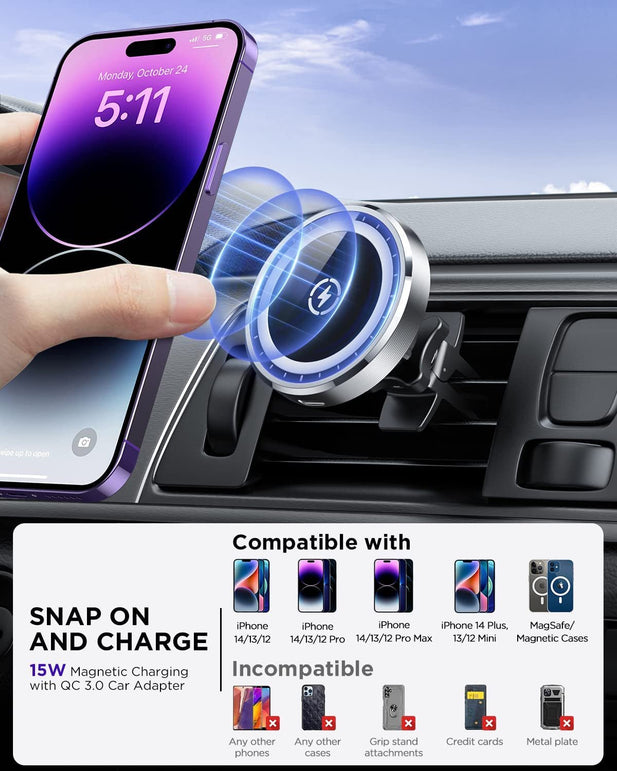 Tikeco Magnetic Wireless Car Charger, 15W Auto-Lock for Magsafe Car Charger Air Vent Dashboard Windshield Charging Car Mount for Iphone 14/13/12 Series and Magsafe/Magnetic Cases (With QC 3.0 Car Charger)