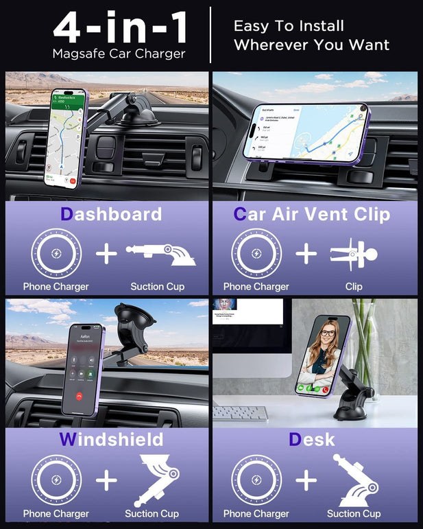 Tikeco Magnetic Wireless Car Charger, 15W Auto-Lock for Magsafe Car Charger Air Vent Dashboard Windshield Charging Car Mount for Iphone 14/13/12 Series and Magsafe/Magnetic Cases (With QC 3.0 Car Charger)