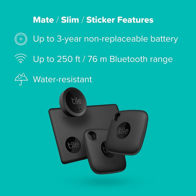 Tile Mate Essentials (2022) 4-Pack (2 Mate, 1 Slim, 1 Stickers)- Bluetooth Tracker & Item Locators for Keys, Wallets, Remotes & More; Easily Find All Your Things.