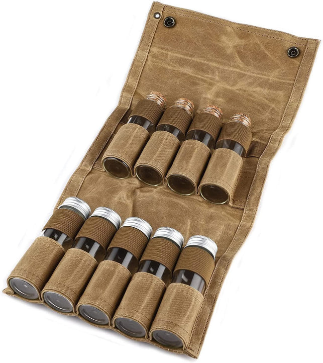 TOBWOLF Portable Spice Bag with 9 Spice Jars, Canvas Seasoning Storage Bag Organizer, Seasoning Bottle Holder with Mini Condiment Bottle, Condiment Container Set for Outdoor Camping BBQ Picnic - Khaki