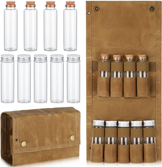 TOBWOLF Portable Spice Bag with 9 Spice Jars, Canvas Seasoning Storage Bag Organizer, Seasoning Bottle Holder with Mini Condiment Bottle, Condiment Container Set for Outdoor Camping BBQ Picnic - Khaki
