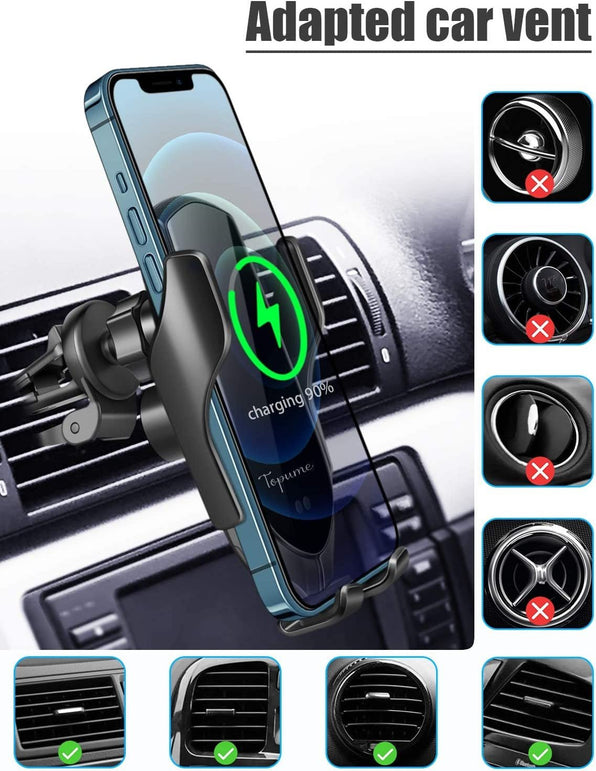 TopWan Wireless Car Charger,10W Qi Fast Charging Auto-Clamping Car Phone Mount Air Vent Phone Holder Compatible with Iphone 13/12/12Pro/Se/11/11Pro/11Promax/Xsmax/Xs/Xr,Samsung S10/S9/S8/Note10