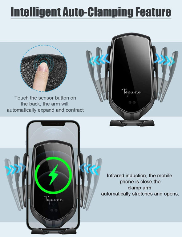 TopWan Wireless Car Charger,10W Qi Fast Charging Auto-Clamping Car Phone Mount Air Vent Phone Holder Compatible with Iphone 13/12/12Pro/Se/11/11Pro/11Promax/Xsmax/Xs/Xr,Samsung S10/S9/S8/Note10