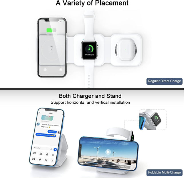 UCOMX Nano 3 in 1 Wireless Charger,Magnetic Foldable 3 in 1 Charging Station,Fast Wireless Charging Pad,Compatible with Iphone 14/Pro/Max/Plus/13/12 Series,Airpods 3/2/Pro,Iwatch(Adapter Included)