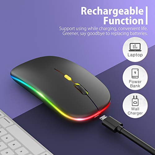 【Upgrade】 LED Wireless Mouse, Rechargeable Slim Silent Mouse 2.4G Portable Mobile Optical Office Mouse with USB & Type-c Receiver, 3 Adjustable DPI for Notebook, PC, Laptop, Computer, Desktop (Black)