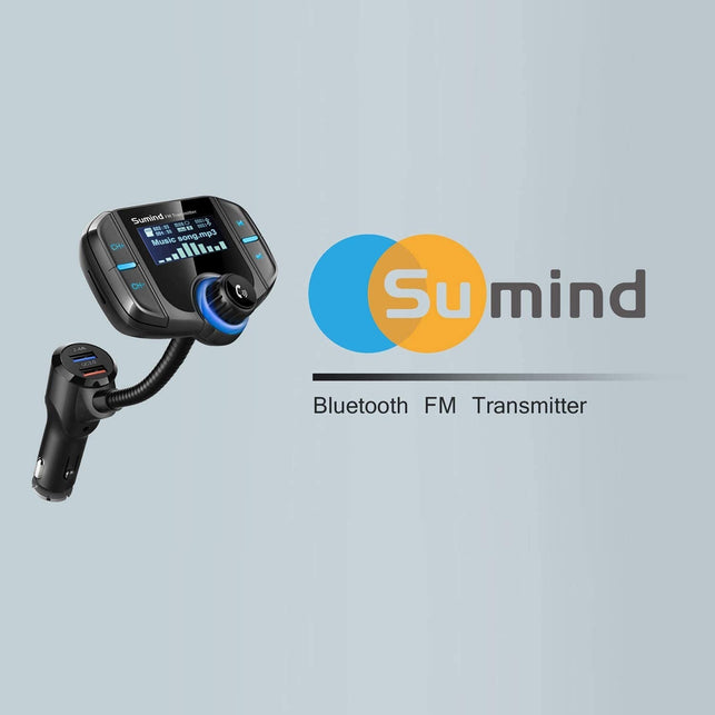 (Upgraded Version) Sumind Car Bluetooth FM Transmitter, Wireless Radio Adapter Hands-Free Kit with 1.7 Inch Display, QC3.0 and Smart 2.4A USB Ports, AUX Output, TF Card Mp3 Player(Silver Grey)