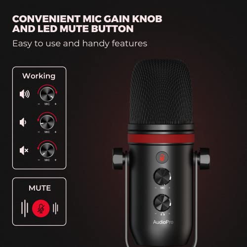 USB Microphone - AUDIOPRO Computer Condenser Gaming Mic for PC/Laptop/Phone/PS4/5, Headphone Output, Volume Control, USB Type C Plug and Play, LED Mute Button, for Streaming, Podcast, Studio Recording