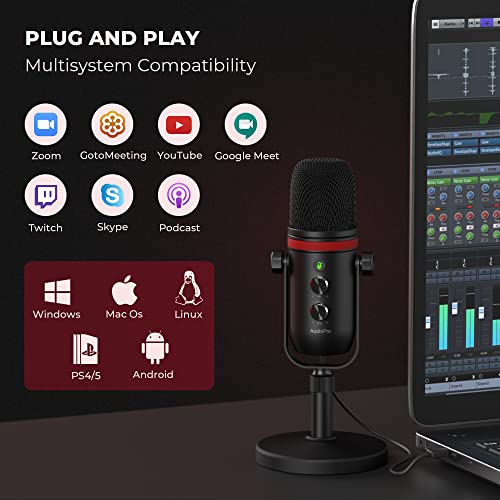 USB Microphone - AUDIOPRO Computer Condenser Gaming Mic for PC/Laptop/Phone/PS4/5, Headphone Output, Volume Control, USB Type C Plug and Play, LED Mute Button, for Streaming, Podcast, Studio Recording