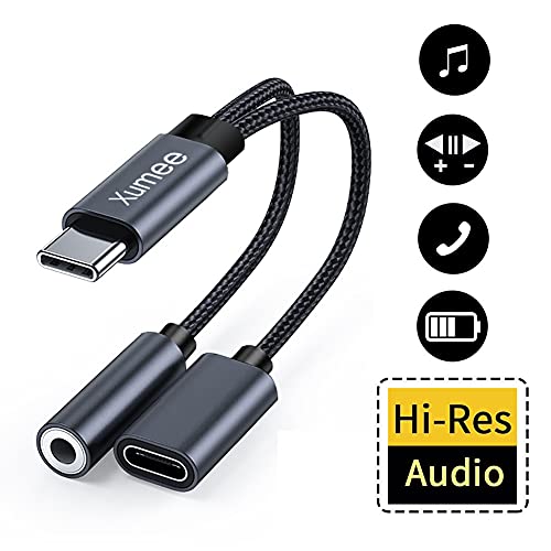 USB Type C to 3.5mm Headphone and Charger Adapter,Xumee 2-in-1 USB C to Aux Audio Jack Hi-Res DAC and Fast Charging Dongle Cable Compatible with Pixel 4 3 XL, Galaxy S22 S21 S20 S20+ Note 20 (Grey)