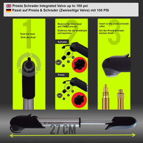 VeloChampion 7" inch Metal Alloy Bike Cycling Frame Pump Presta & Schrader with 100 PSI / 6.9 Bar Max Pressure - Lightweight, Portable, Compact & Dura