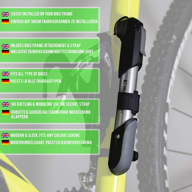 VeloChampion 7" inch Metal Alloy Bike Cycling Frame Pump Presta & Schrader with 100 PSI / 6.9 Bar Max Pressure - Lightweight, Portable, Compact & Dura