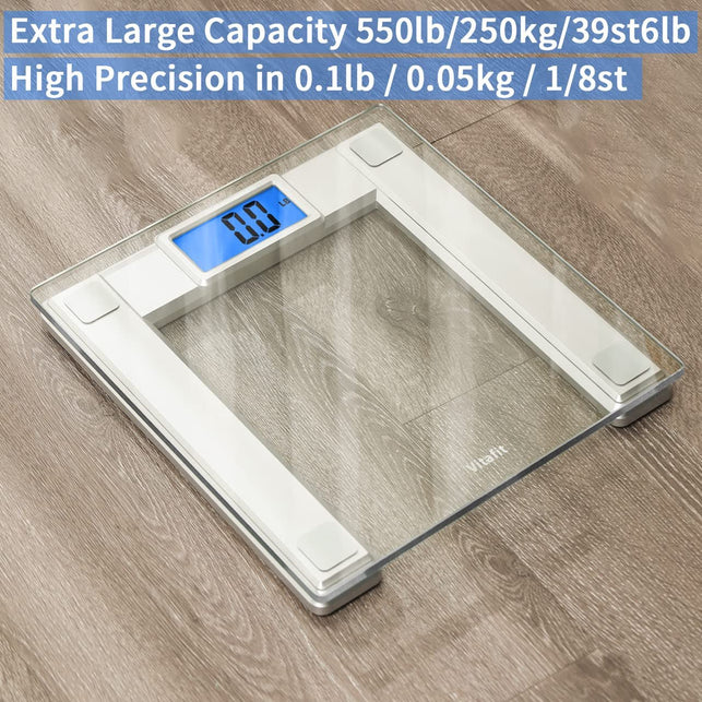 Vitafit 550Lb Extra-High Capacity Smart Digital Body Weight Bathroom Scale for Weighing and BMI via Smartphone App, 8Mm Tempered Glass and Step-On, Extra Large Blue Backlit LCD, Silver