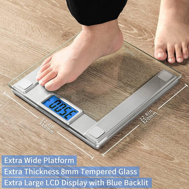 Vitafit 550Lb Extra-High Capacity Smart Digital Body Weight Bathroom Scale for Weighing and BMI via Smartphone App, 8Mm Tempered Glass and Step-On, Extra Large Blue Backlit LCD, Silver