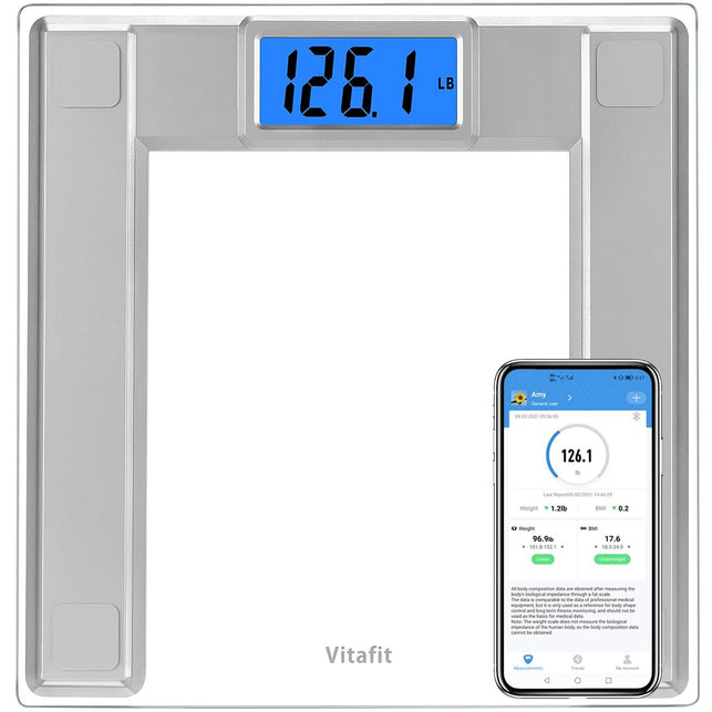 Vitafit 550Lb Extra-High Capacity Smart Digital Body Weight Bathroom Scale for Weighing and BMI via Smartphone App, 8Mm Tempered Glass and Step-On, Extra Large Blue Backlit LCD, Silver