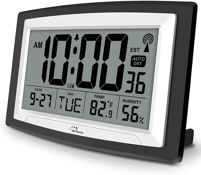 Wallarge Atomic Clock with Indoor Temperature and Humidity, 12.5 Inch Self-Setting Digital Wall Clock or Desk Clock, Battery Operated Digital Clock Large Display for Seniors, Auto DST