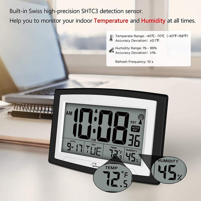 Wallarge Atomic Clock with Indoor Temperature and Humidity, 12.5 Inch Self-Setting Digital Wall Clock or Desk Clock, Battery Operated Digital Clock Large Display for Seniors, Auto DST