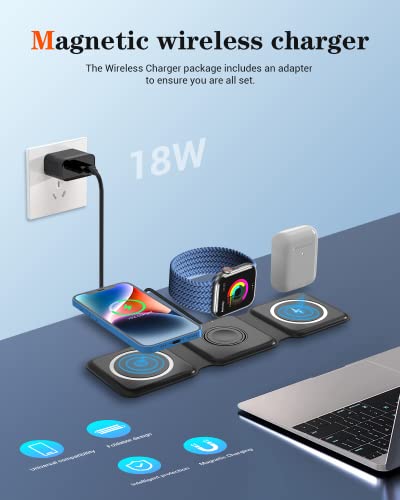 Wireless Charger 3 in 1, Magnetic Foldable Wireless Charging Station for iPhone 14/13/12/11 Pro Max/X/Xs Max/8/8 Plus, AirPods 3/2/pro, iWatch Series 7/6/5/SE/4/3/2 (Adapter Inclues)