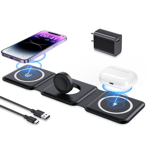 Wireless Charger 3 in 1, Magnetic Foldable Wireless Charging Station for iPhone 14/13/12/11 Pro Max/X/Xs Max/8/8 Plus, AirPods 3/2/pro, iWatch Series 7/6/5/SE/4/3/2 (Adapter Inclues)