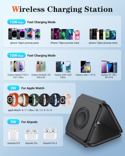 Wireless Charger 3 in 1, Magnetic Foldable Wireless Charging Station for iPhone 14/13/12/11 Pro Max/X/Xs Max/8/8 Plus, AirPods 3/2/pro, iWatch Series 7/6/5/SE/4/3/2 (Adapter Inclues)