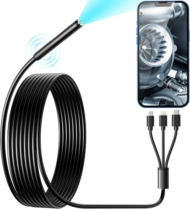 Wireless Endoscope, Wi-Fi Industrial Borescope with 6 LED Lights, 7.9Mm 3 in 1 USB Snake Camera, Waterproof IP67 Inspection Camera for OTG Android, Iphone (10Ft, Type-C, Micro, Lightning)