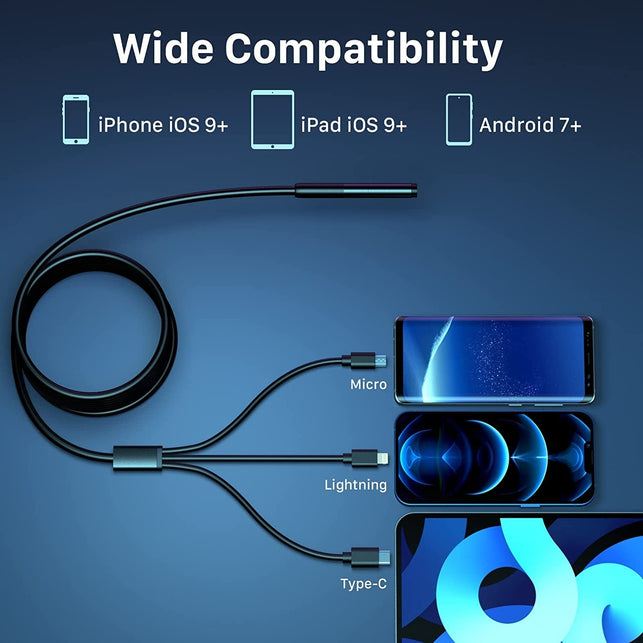 Wireless Endoscope, Wi-Fi Industrial Borescope with 6 LED Lights, 7.9Mm 3 in 1 USB Snake Camera, Waterproof IP67 Inspection Camera for OTG Android, Iphone (10Ft, Type-C, Micro, Lightning)