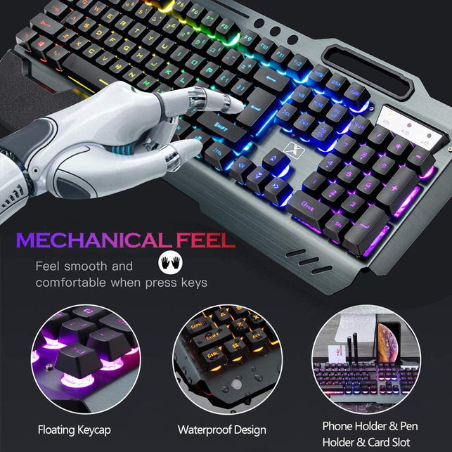 Wireless Gaming Keyboard and Mouse,RGB Backlit Rechargeable Keyboard Mouse with 4800mAh Battery Metal Panel,Removable Hand Rest Mechanical Feel Keyboa
