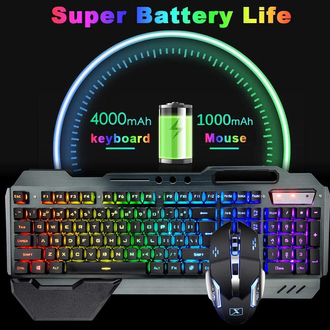 Wireless Gaming Keyboard and Mouse,RGB Backlit Rechargeable Keyboard Mouse with 4800mAh Battery Metal Panel,Removable Hand Rest Mechanical Feel Keyboa