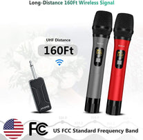 Wireless Microphone, Bietrun UHF Metal Dual Handheld Cordless Dynamic Mic System with Rechargeable Receiver, 1/4‘’Output, for Karaoke, Church, Speech, Wedding, Party Singing(160 Ft Range)-Auto Connect