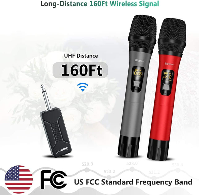 Wireless Microphone, Bietrun UHF Metal Dual Handheld Cordless Dynamic Mic System with Rechargeable Receiver, 1/4‘’Output, for Karaoke, Church, Speech, Wedding, Party Singing(160 Ft Range)-Auto Connect