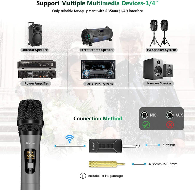 Wireless Microphone, Bietrun UHF Metal Dual Handheld Cordless Dynamic Mic System with Rechargeable Receiver, 1/4‘’Output, for Karaoke, Church, Speech, Wedding, Party Singing(160 Ft Range)-Auto Connect