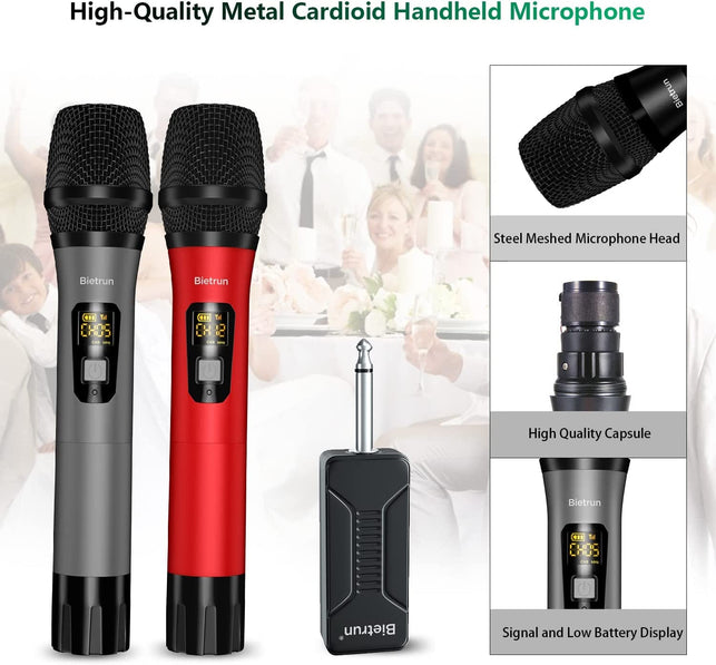 Wireless Microphone, Bietrun UHF Metal Dual Handheld Cordless Dynamic Mic System with Rechargeable Receiver, 1/4‘’Output, for Karaoke, Church, Speech, Wedding, Party Singing(160 Ft Range)-Auto Connect
