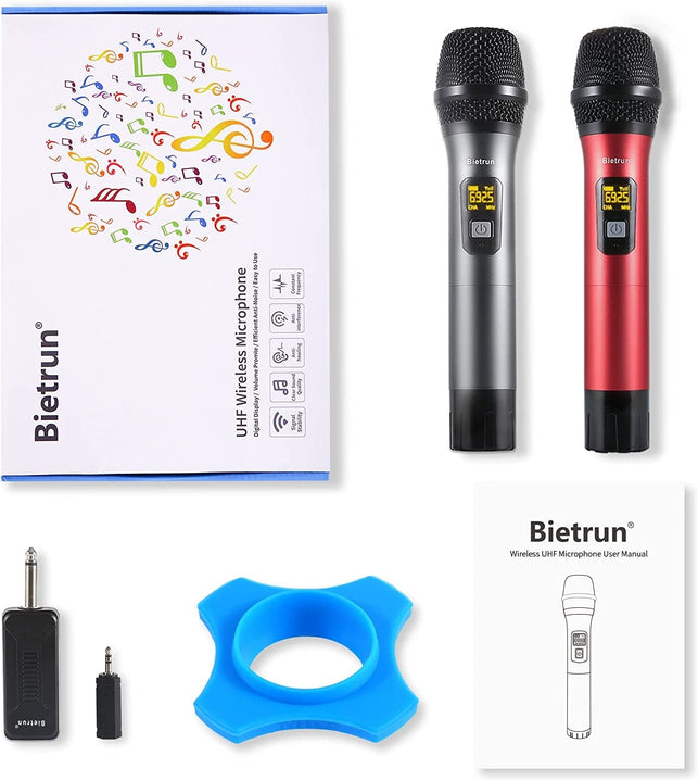 Wireless Microphone, Bietrun UHF Metal Dual Handheld Cordless Dynamic Mic System with Rechargeable Receiver, 1/4‘’Output, for Karaoke, Church, Speech, Wedding, Party Singing(160 Ft Range)-Auto Connect