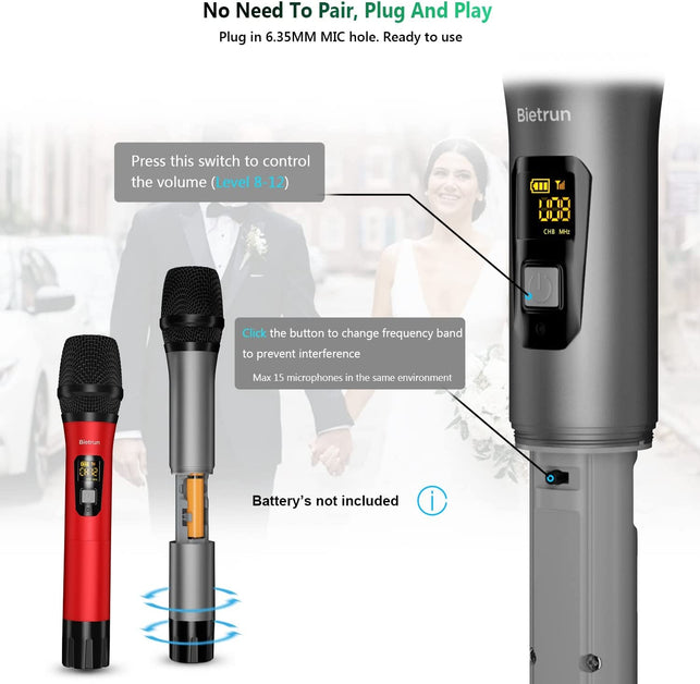 Wireless Microphone, Bietrun UHF Metal Dual Handheld Cordless Dynamic Mic System with Rechargeable Receiver, 1/4‘’Output, for Karaoke, Church, Speech, Wedding, Party Singing(160 Ft Range)-Auto Connect