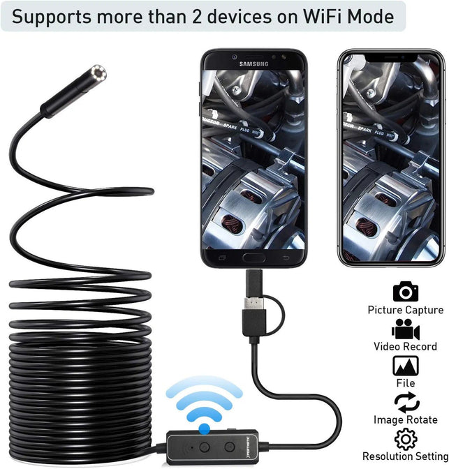 Xpertmatic F160 USB and Wifi 2.0 MP HD Endoscope, 16.4FT Large Focal Range Borescope Drain Camera for Iphone, Android Phone, PC, Macbook - 16.4FT Semi-Rigid with 8 Adjustable LED Lights