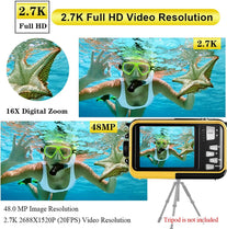 YISENCE Waterproof Digital Camera Underwater Camera Full HD 2.7K 48 MP Video Recorder Selfie Dual Screens 16X Digital Zoom Flashlight Waterproof Camera for Snorkeling (Yellow)