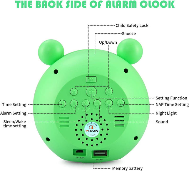 YISUN Kids Alarm Clock, Children'S Sleep Trainer, OK to Wake Clock for Bedroom Cute Digital Clock with Temperature , 5 Colors Smart Night Light Clock Teaching Boys Girls When to Wake up (Green)