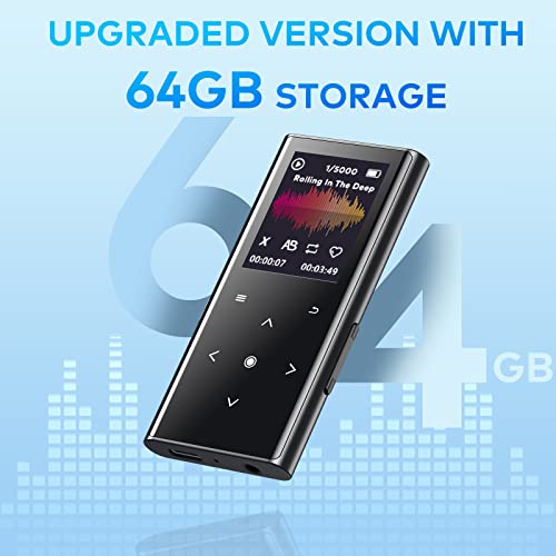 ZOOAOXO 64GB MP3 Player Music Player with Bluetooth 5.2, Built-in HD Speaker, FM Radio, Voice Recorder, Mini Design, Weigh 2.4 oz, HiFi Sound, Ideal for Sport, Earphones Included
