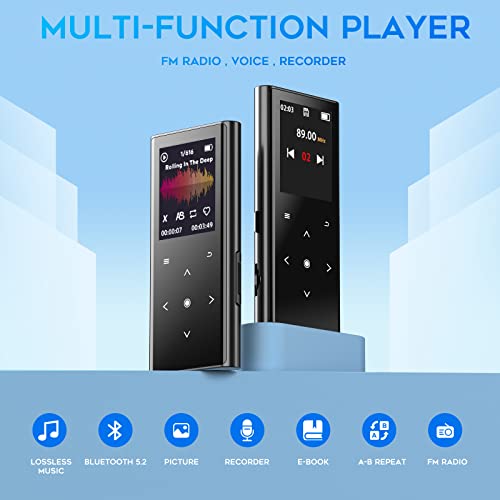 ZOOAOXO 64GB MP3 Player Music Player with Bluetooth 5.2, Built-in HD Speaker, FM Radio, Voice Recorder, Mini Design, Weigh 2.4 oz, HiFi Sound, Ideal for Sport, Earphones Included