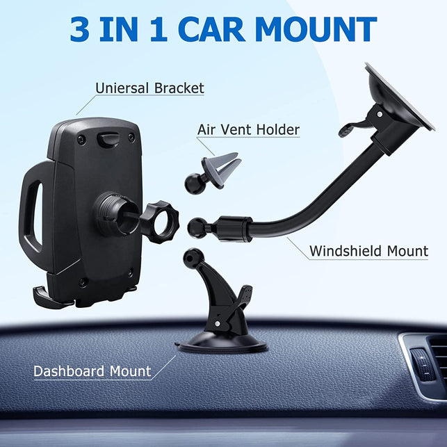 Vansky Car Phone Holder Mount, 3-In-1 Universal Cell Phone Holder Car Air Vent Holder Dashboard Mount Windshield Mount for Iphone 12 11 X XR 7/7 Plus, Samsung Galaxy S9 LG Sony and More