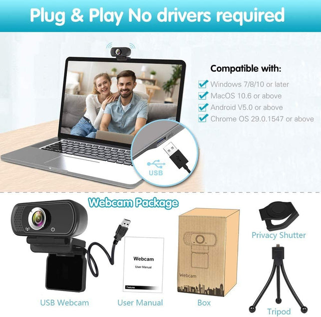 1080P Webcam,Live Streaming Web Camera with Stereo Microphone, Desktop or Laptop USB Webcam with 110 Degree View Angle, HD N5 Webcam for Video Calling, Recording, Conferencing, Streaming, Gaming - The Gadget Collective